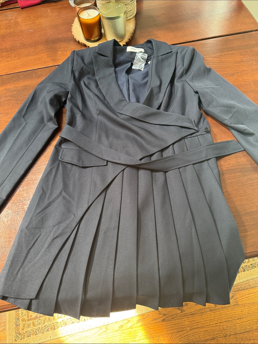 Commense Long-Sleeve Pleated Wrap Dress - navy